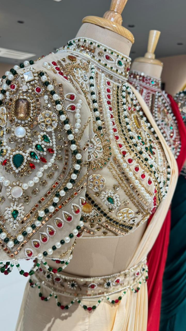 Elegant Pre-Draped Partywear Luxury Hand-Embroidered Designer Saree with Heavy Stone & Zardosi Work Blouse- 14525 W162