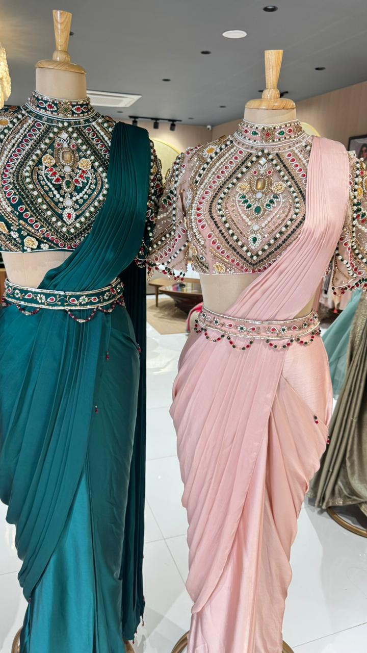 Elegant Pre-Draped Partywear Luxury Hand-Embroidered Designer Saree with Heavy Stone & Zardosi Work Blouse- 14525 W162