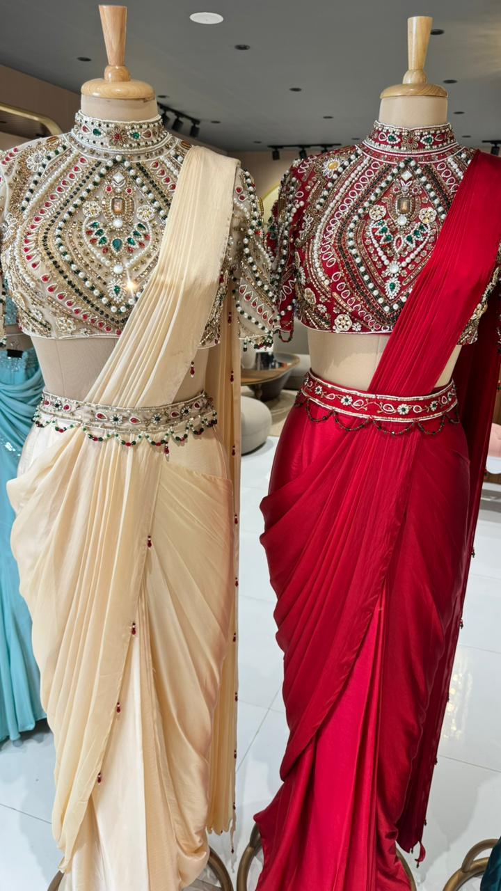 Elegant Pre-Draped Partywear Luxury Hand-Embroidered Designer Saree with Heavy Stone & Zardosi Work Blouse- 14525 W162
