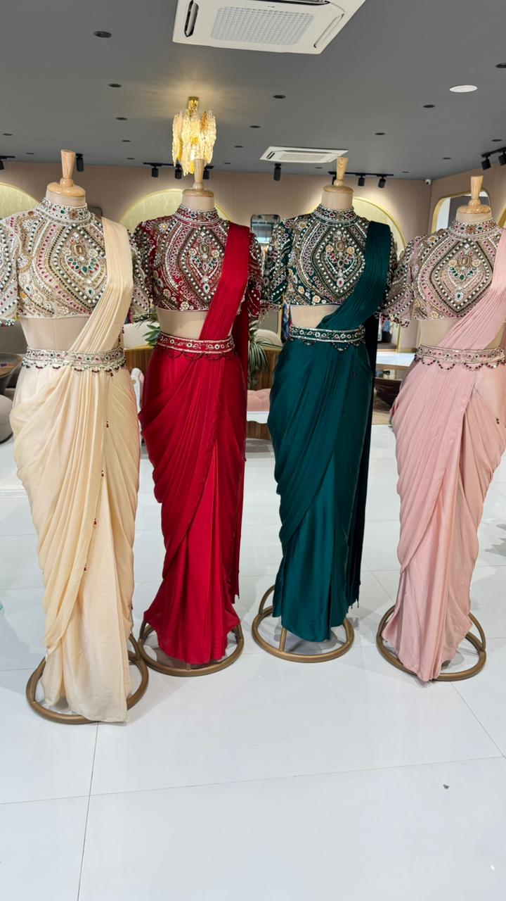 Elegant Pre-Draped Partywear Luxury Hand-Embroidered Designer Saree with Heavy Stone & Zardosi Work Blouse- 14525 W162