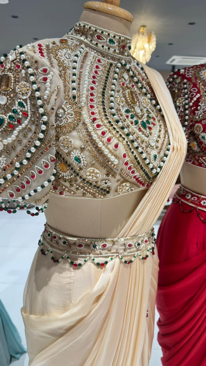 Elegant Pre-Draped Partywear Luxury Hand-Embroidered Designer Saree with Heavy Stone & Zardosi Work Blouse- 14525 W162