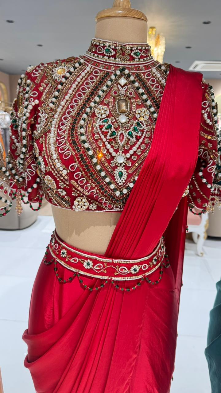 Elegant Pre-Draped Partywear Luxury Hand-Embroidered Designer Saree with Heavy Stone & Zardosi Work Blouse- 14525 W162