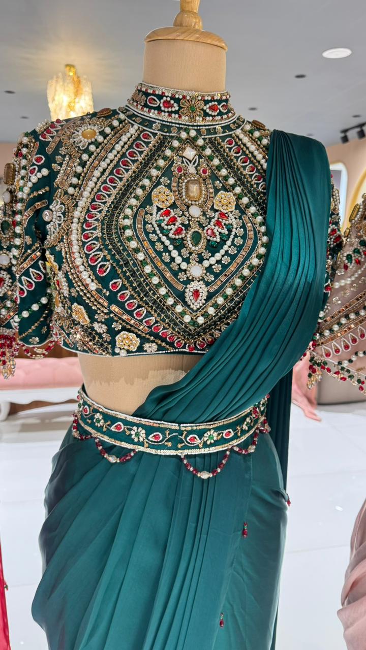 Elegant Pre-Draped Partywear Luxury Hand-Embroidered Designer Saree with Heavy Stone & Zardosi Work Blouse- 14525 W162