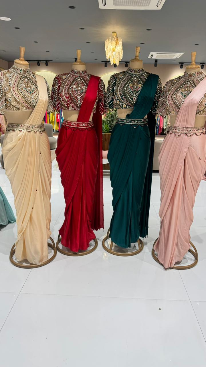 Elegant Pre-Draped Partywear Luxury Hand-Embroidered Designer Saree with Heavy Stone & Zardosi Work Blouse- 14525 W162