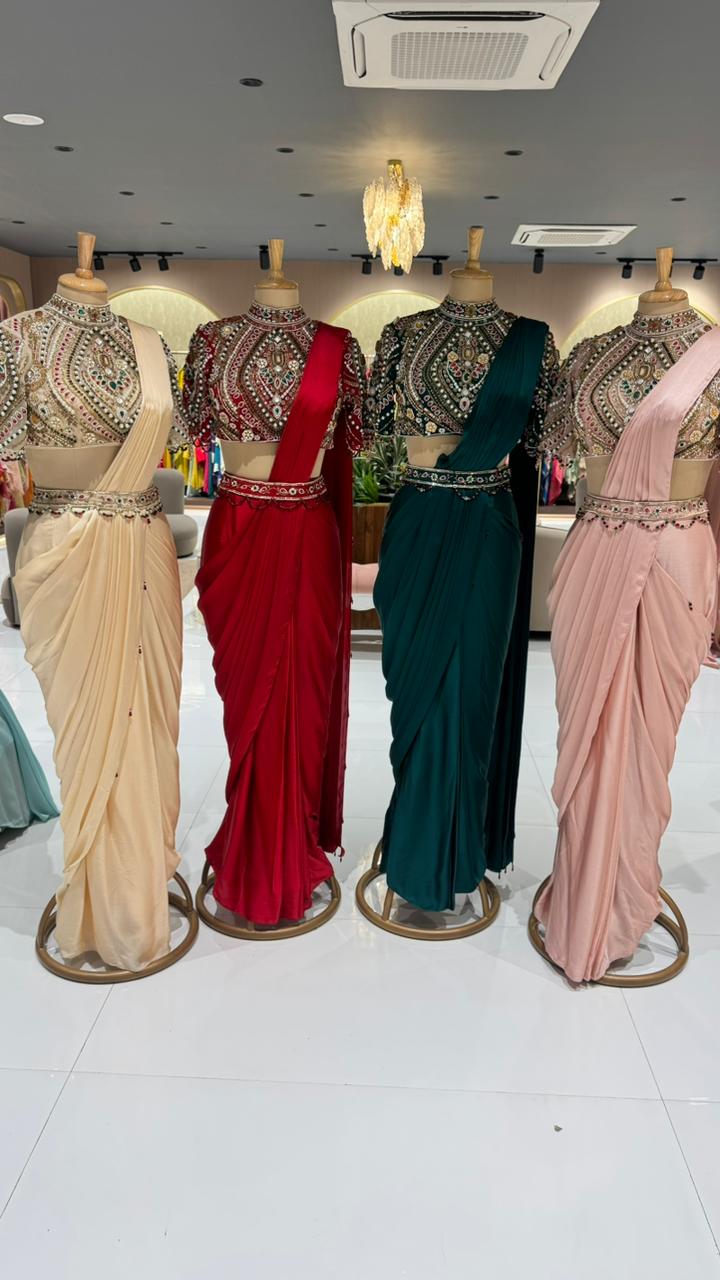 Elegant Pre-Draped Partywear Luxury Hand-Embroidered Designer Saree with Heavy Stone & Zardosi Work Blouse- 14525 W162