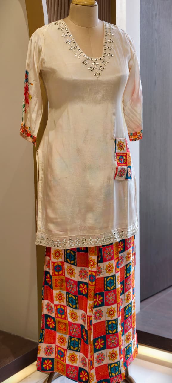 Rajasthani Inspired Patchwork High Contrast Crepe Kurta Pant Set With Pocket RB166