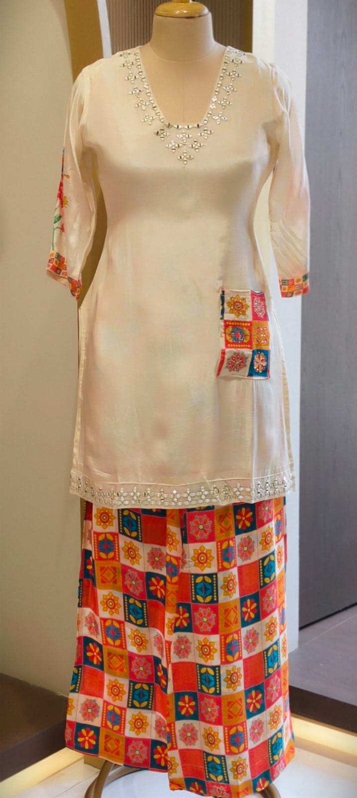 Rajasthani Inspired Patchwork High Contrast Crepe Kurta Pant Set With Pocket RB166