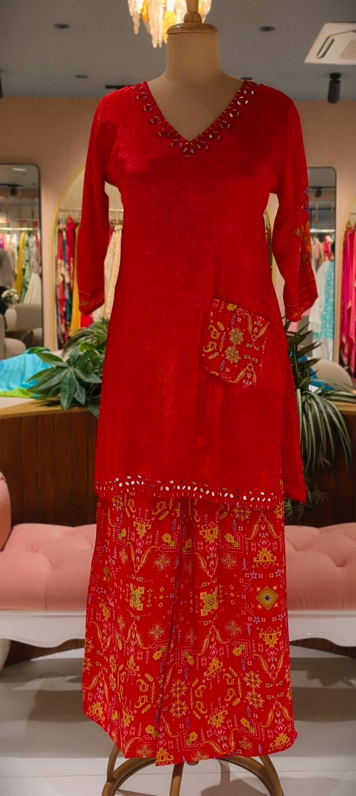 Rajasthani Inspired Patchwork High Contrast Crepe Kurta Pant Set With Pocket RB166