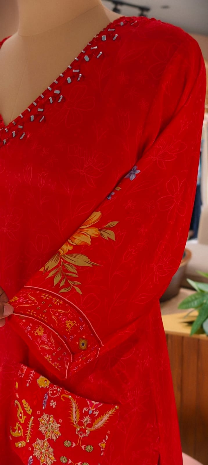 Rajasthani Inspired Patchwork High Contrast Crepe Kurta Pant Set With Pocket RB166