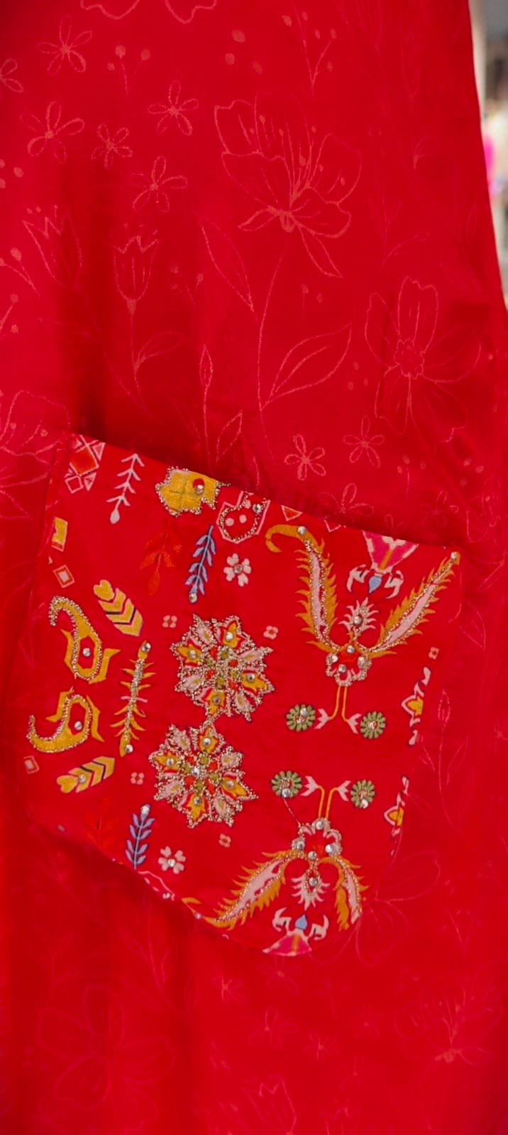 Rajasthani Inspired Patchwork High Contrast Crepe Kurta Pant Set With Pocket RB166
