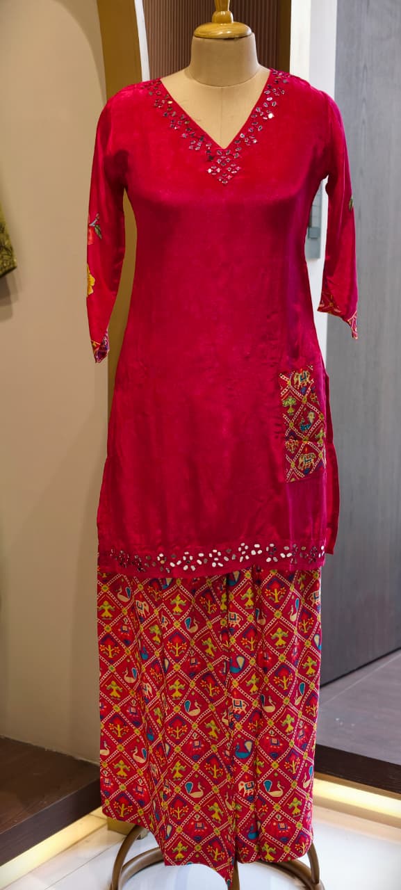 Rajasthani Inspired Patchwork High Contrast Crepe Kurta Pant Set With Pocket RB166