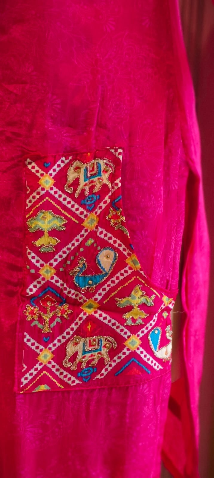 Rajasthani Inspired Patchwork High Contrast Crepe Kurta Pant Set With Pocket RB166