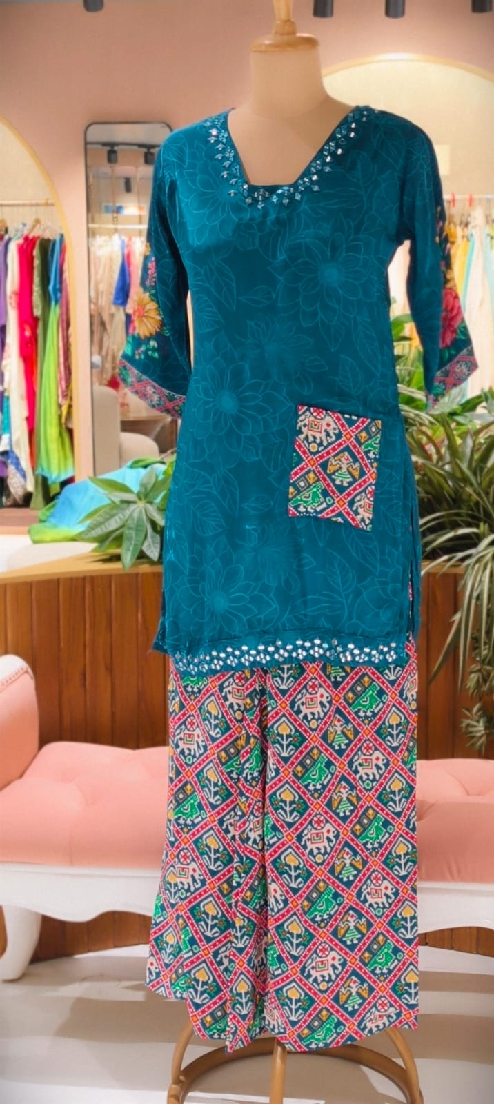 Rajasthani Inspired Patchwork High Contrast Crepe Kurta Pant Set With Pocket RB166