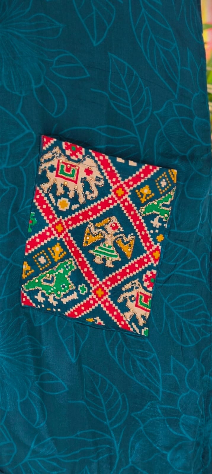 Rajasthani Inspired Patchwork High Contrast Crepe Kurta Pant Set With Pocket RB166