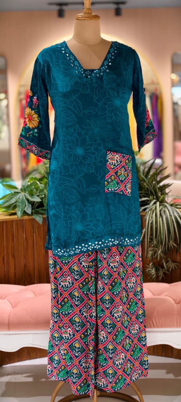 Rajasthani Inspired Patchwork High Contrast Crepe Kurta Pant Set With Pocket RB166