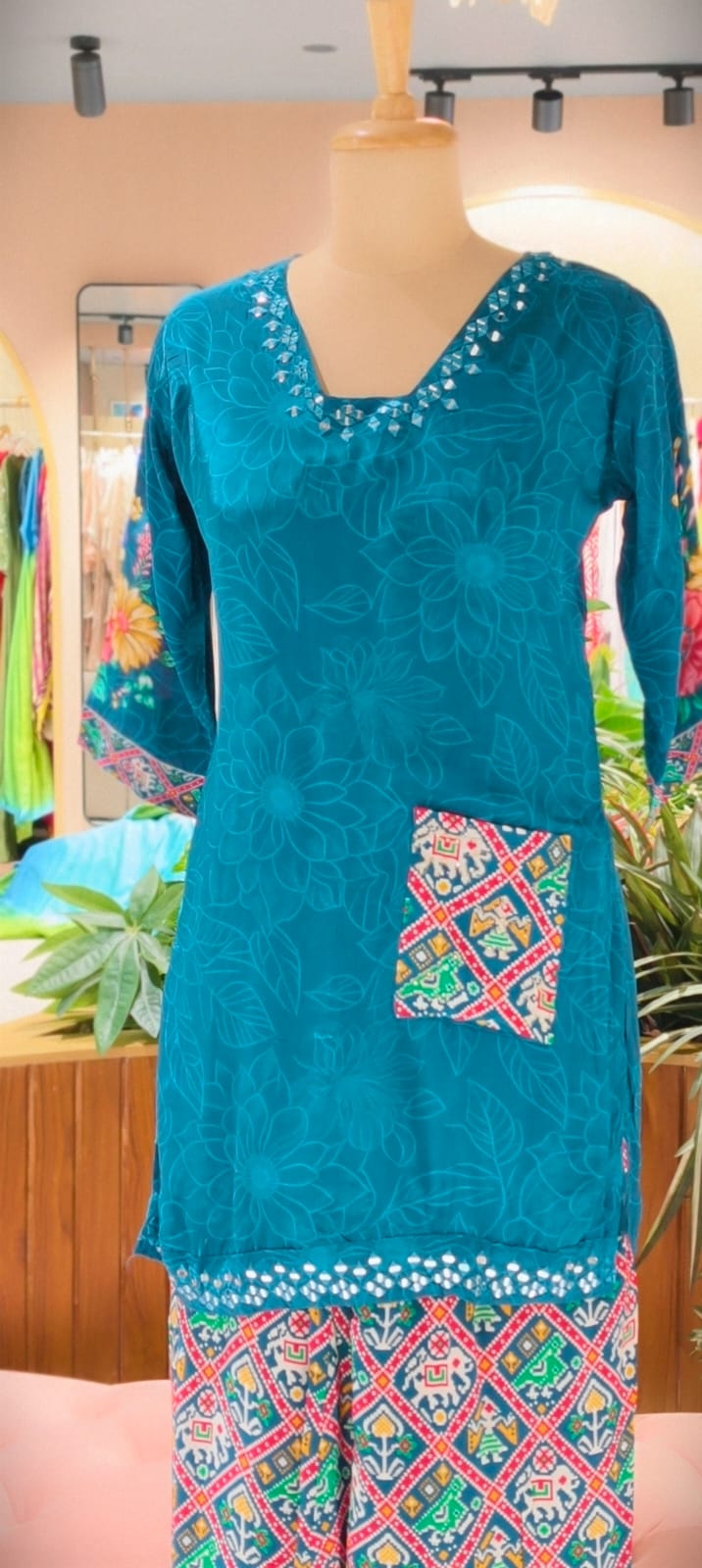 Rajasthani Inspired Patchwork High Contrast Crepe Kurta Pant Set With Pocket RB166