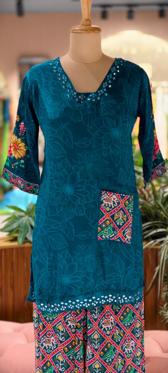 Rajasthani Inspired Patchwork High Contrast Crepe Kurta Pant Set With Pocket RB166