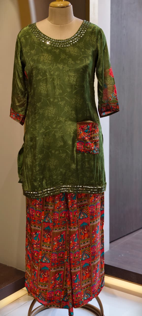 Rajasthani Inspired Patchwork High Contrast Crepe Kurta Pant Set With Pocket RB166