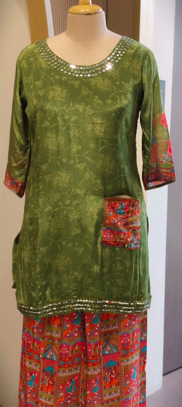 Rajasthani Inspired Patchwork High Contrast Crepe Kurta Pant Set With Pocket RB166