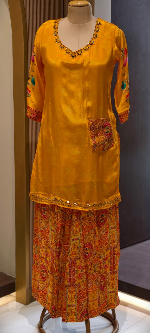 Rajasthani Inspired Patchwork High Contrast Crepe Kurta Pant Set With Pocket RB166