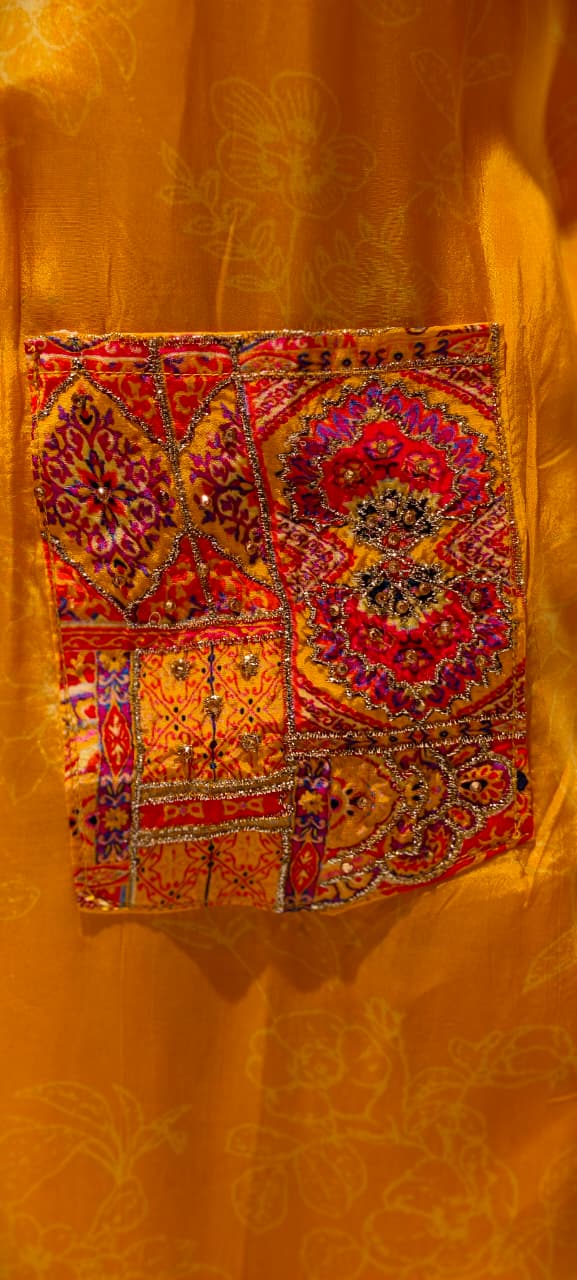 Rajasthani Inspired Patchwork High Contrast Crepe Kurta Pant Set With Pocket RB166