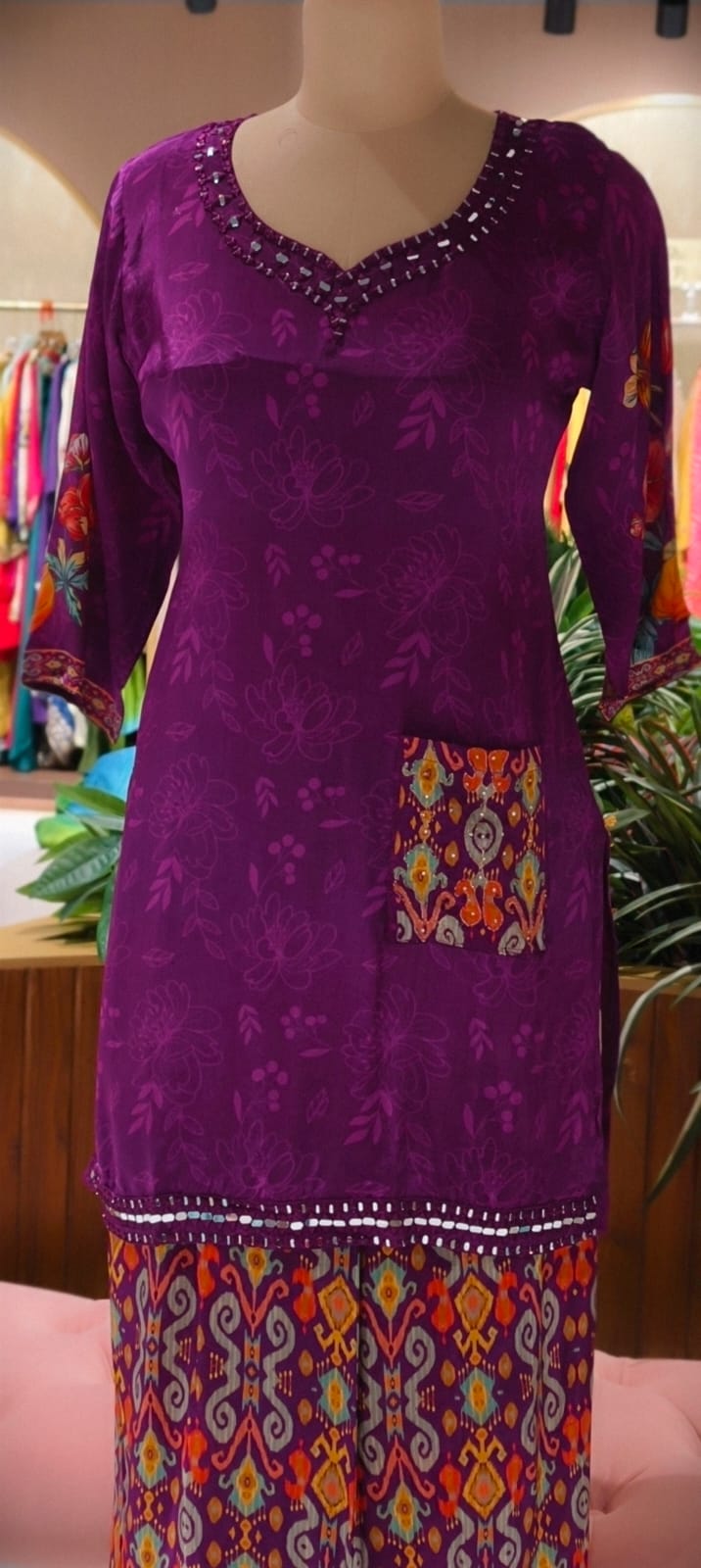 Rajasthani Inspired Patchwork High Contrast Crepe Kurta Pant Set With Pocket RB166