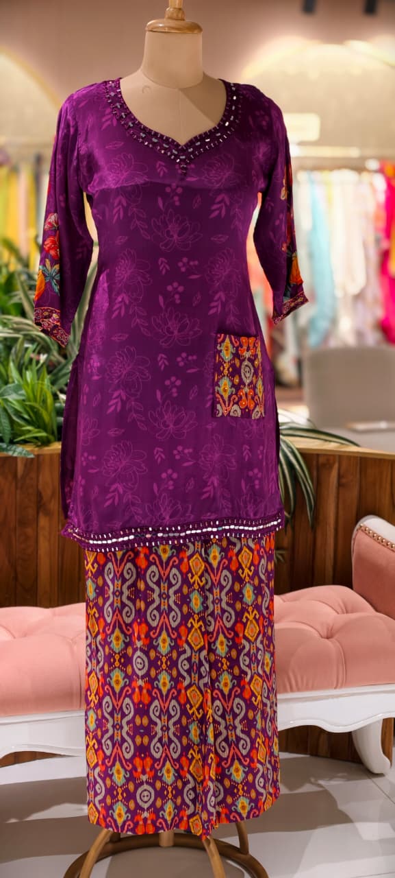 Rajasthani Inspired Patchwork High Contrast Crepe Kurta Pant Set With Pocket RB166
