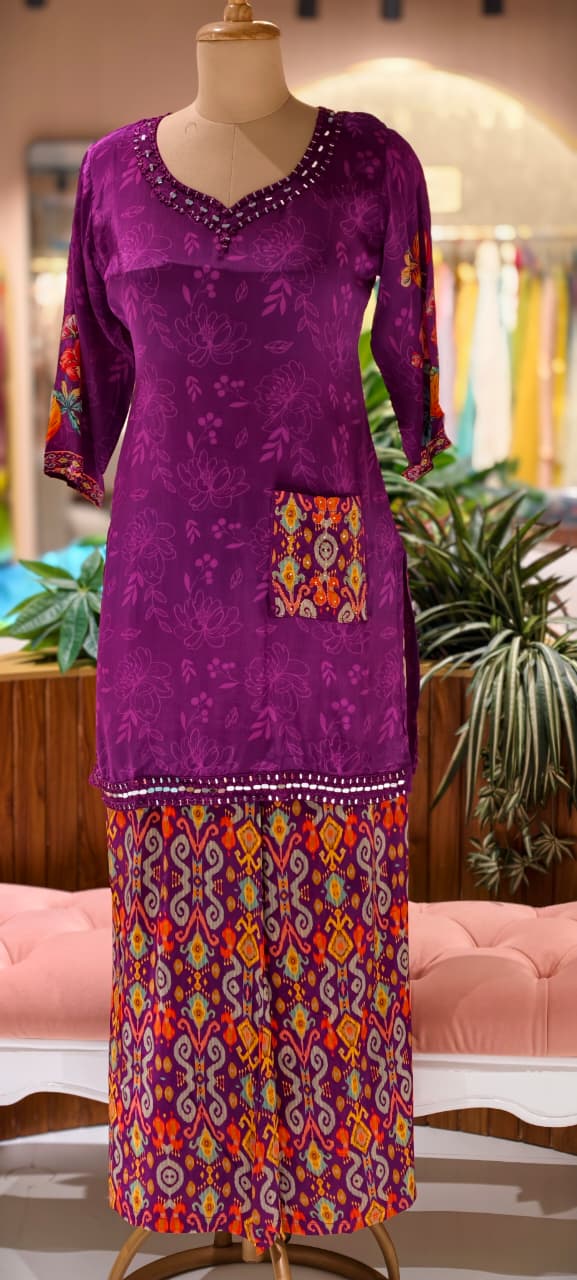 Rajasthani Inspired Patchwork High Contrast Crepe Kurta Pant Set With Pocket RB166
