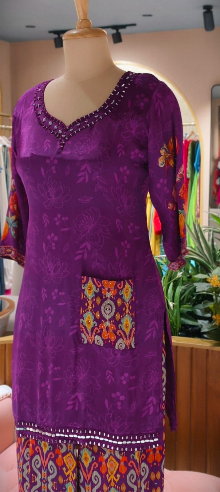 Rajasthani Inspired Patchwork High Contrast Crepe Kurta Pant Set With Pocket RB166