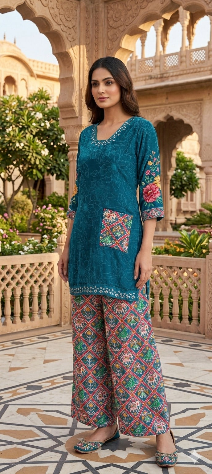 Rajasthani Inspired Patchwork High Contrast Crepe Kurta Pant Set With Pocket RB166