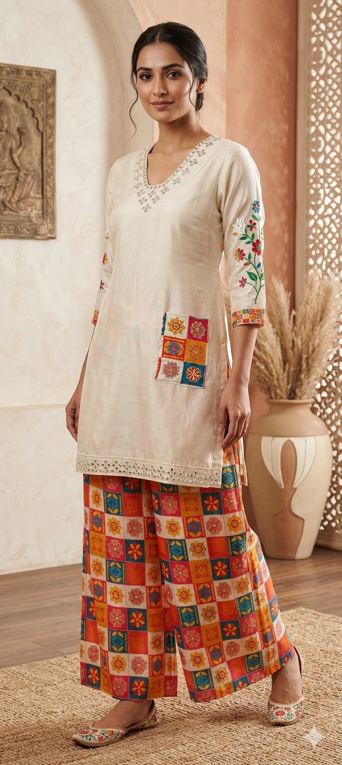 Rajasthani Inspired Patchwork High Contrast Crepe Kurta Pant Set With Pocket RB166