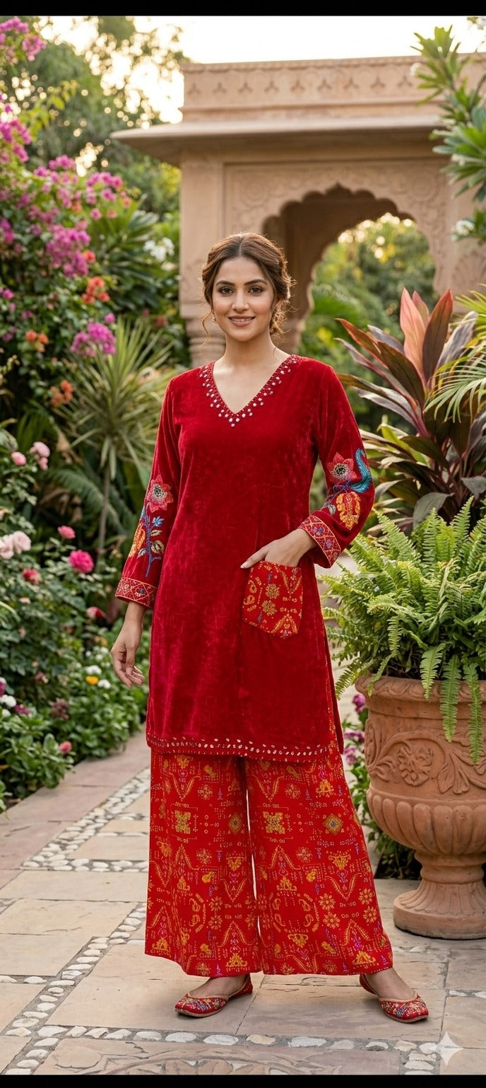 Rajasthani Inspired Patchwork High Contrast Crepe Kurta Pant Set With Pocket RB166