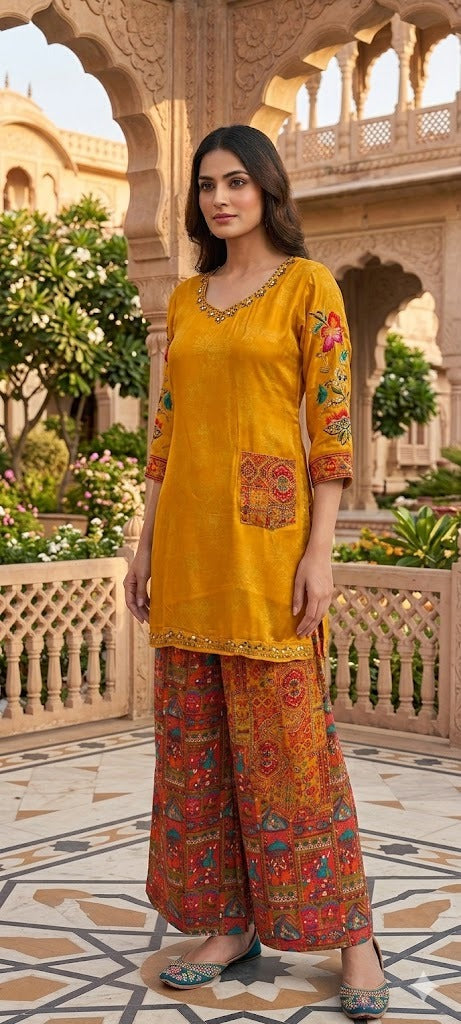 Rajasthani Inspired Patchwork High Contrast Crepe Kurta Pant Set With Pocket RB166
