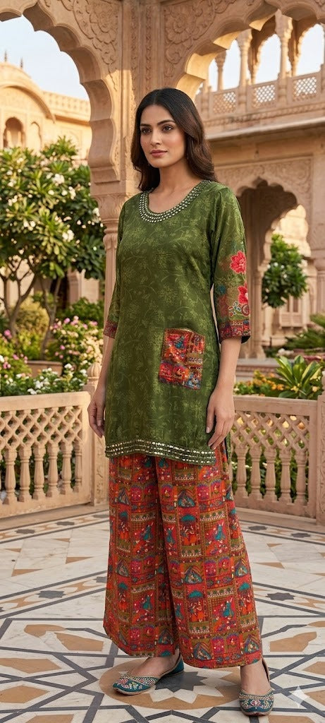 Rajasthani Inspired Patchwork High Contrast Crepe Kurta Pant Set With Pocket RB166