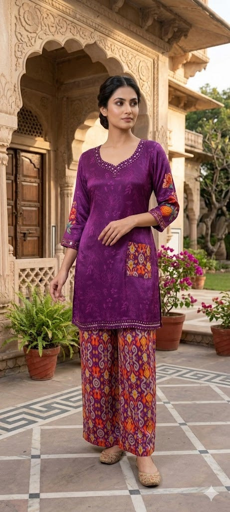 Rajasthani Inspired Patchwork High Contrast Crepe Kurta Pant Set With Pocket RB166