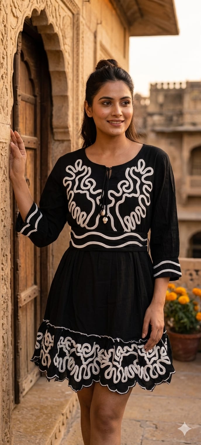 Midnight Onyx Scalloped Flare Frock with Contrast Corded Patchwork and Tasseled V-Neck Ankle Length- 14577