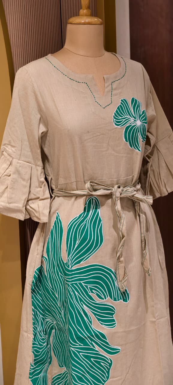 Aqua Bloom Bold Botanical Patchwork A-Line Frock with Flared Sleeves and Waist Tie- 14572