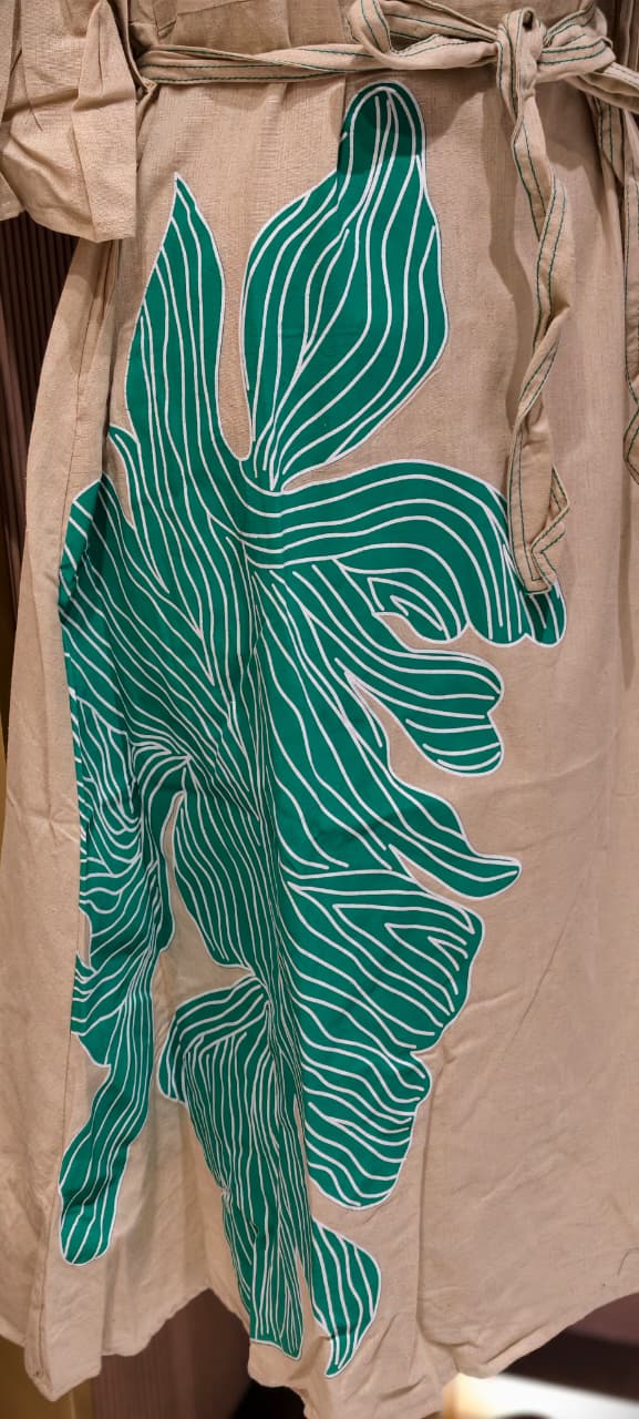 Aqua Bloom Bold Botanical Patchwork A-Line Frock with Flared Sleeves and Waist Tie- 14572