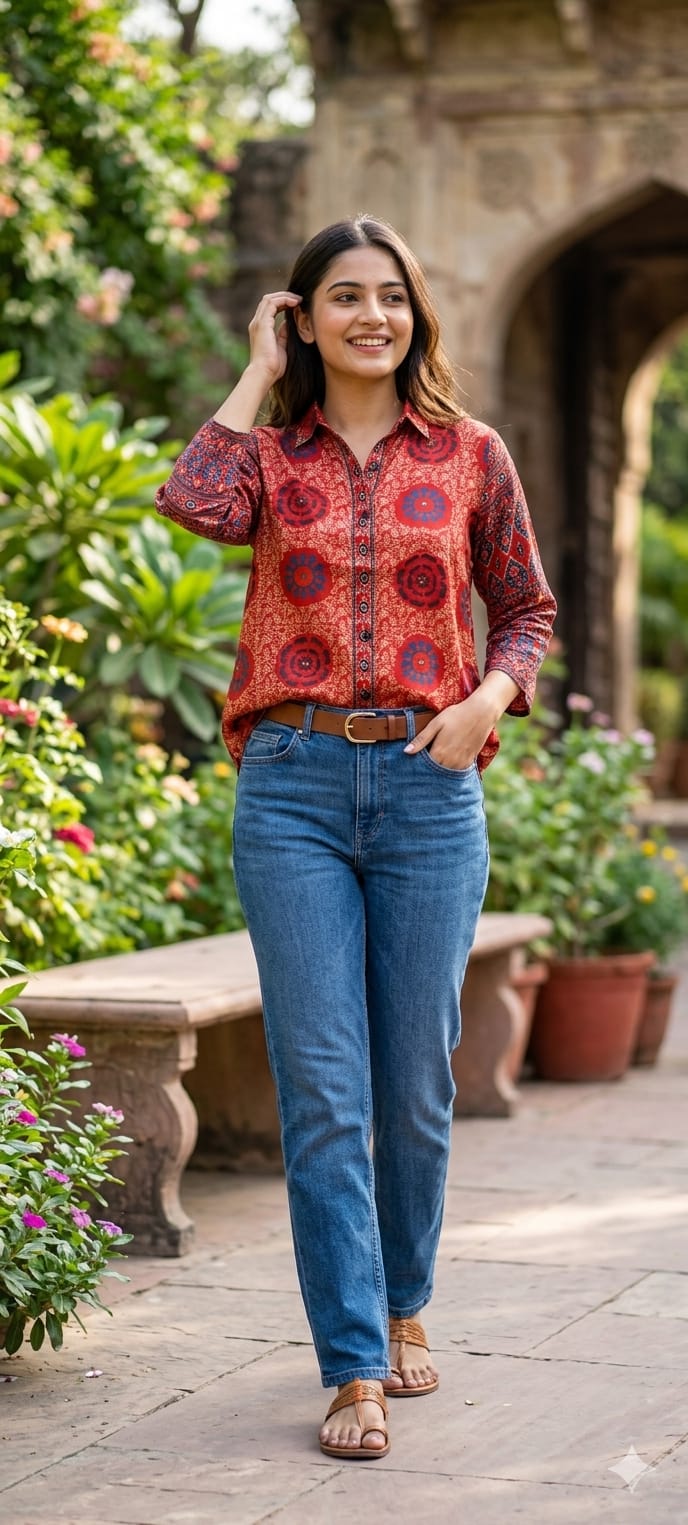 Crepe Canvas Monochrome Ajrakh Print Casual Shirts-14611