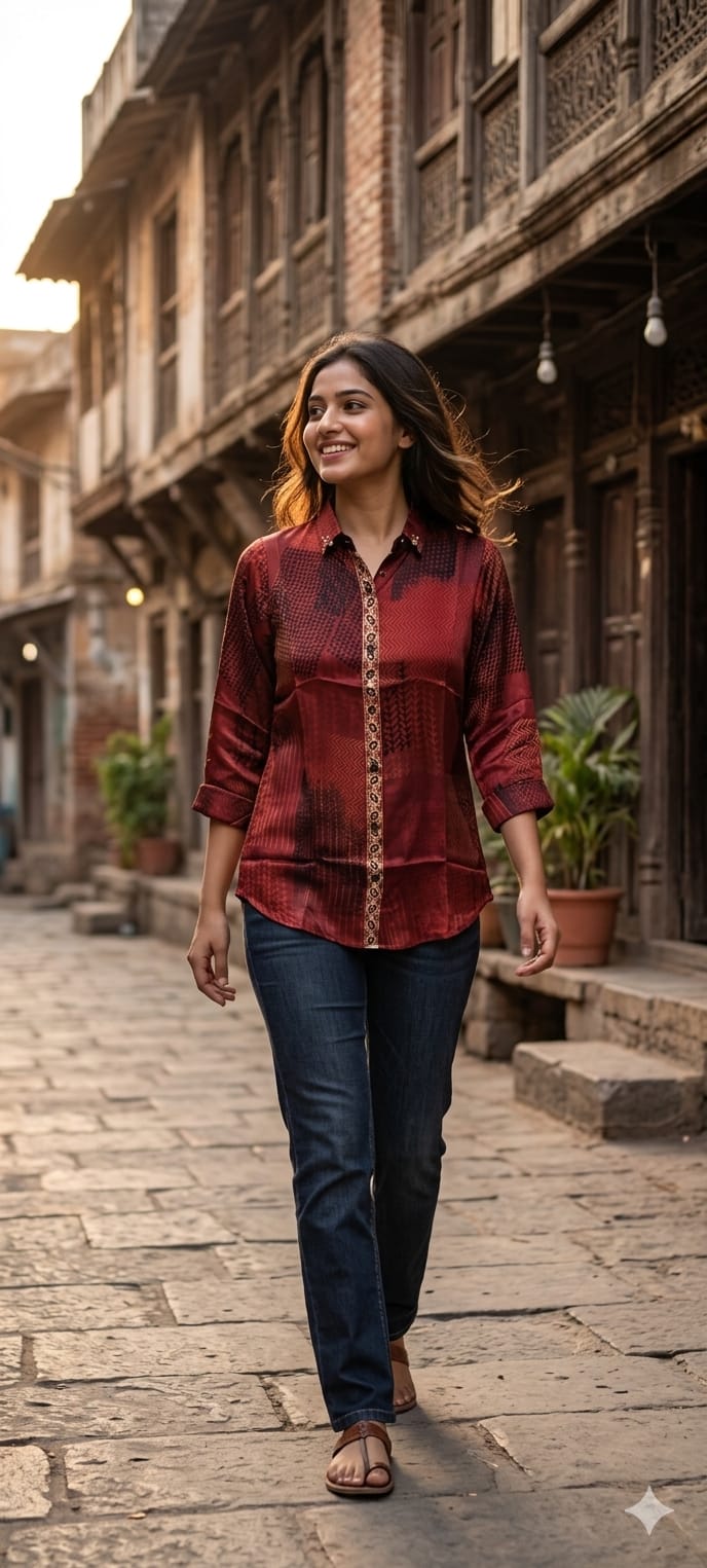 Crepe Canvas Monochrome Ajrakh Print Casual Shirts-14611
