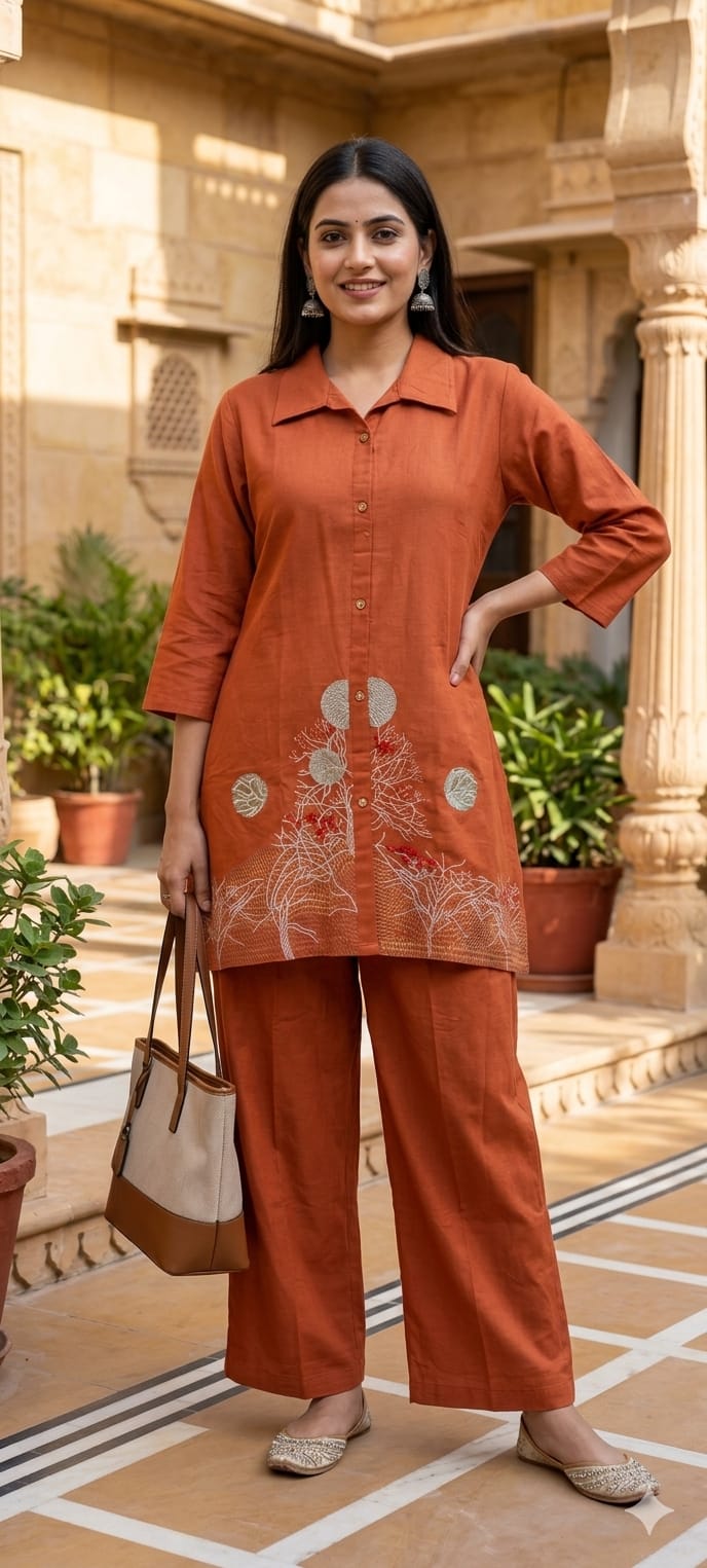 Vibrant Rustic Charm Intricate Floral Embroidery Flex Cotton Co-Ord Set- 14594