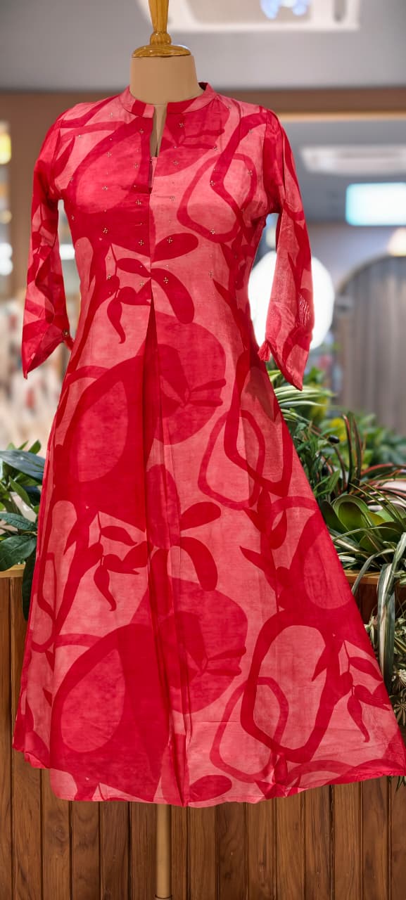 Mossaic Print Ballon Sleeve A-Line Silk A-Line Frock With Stone Touch- 14622
