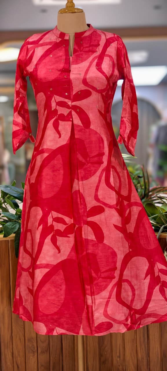 Mossaic Print Ballon Sleeve A-Line Silk A-Line Frock With Stone Touch- 14622