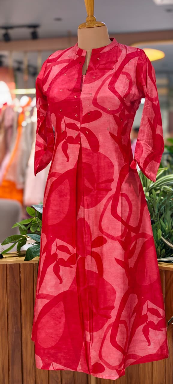 Mossaic Print Ballon Sleeve A-Line Silk A-Line Frock With Stone Touch- 14622