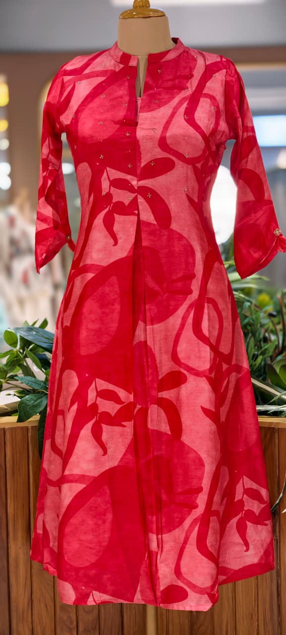 Mossaic Print Ballon Sleeve A-Line Silk A-Line Frock With Stone Touch- 14622