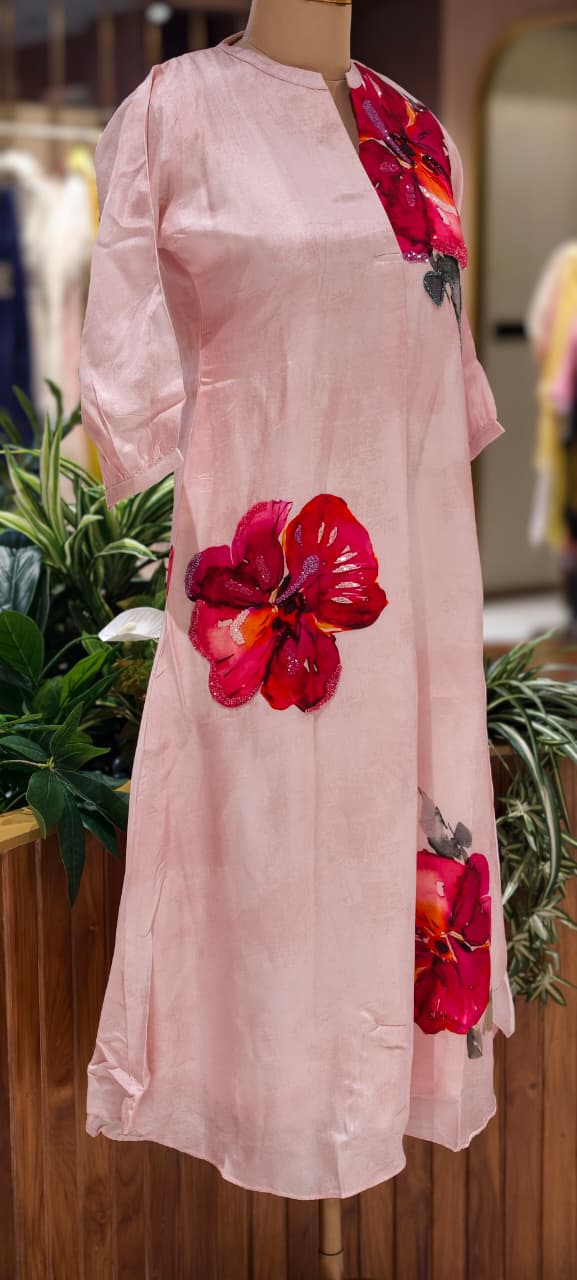 Digital Floral Print With Shimmery Glitter Highlights Russian Silk A-Line Frock- 14615