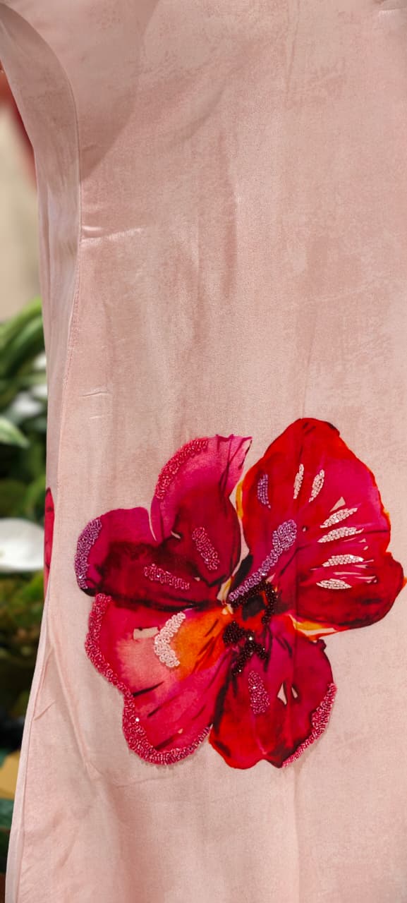 Digital Floral Print With Shimmery Glitter Highlights Russian Silk A-Line Frock- 14615