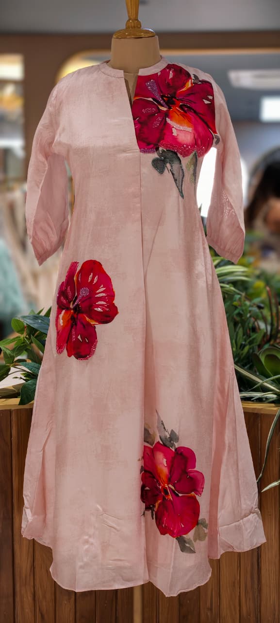 Digital Floral Print With Shimmery Glitter Highlights Russian Silk A-Line Frock- 14615