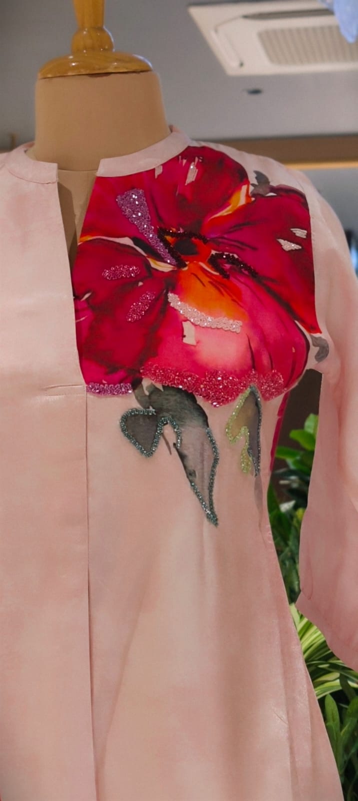 Digital Floral Print With Shimmery Glitter Highlights Russian Silk A-Line Frock- 14615