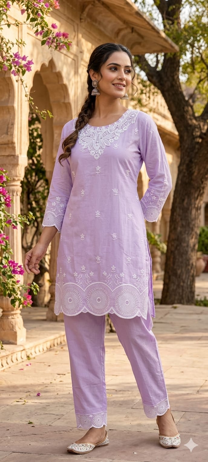 White Embroidered Lace Trimmed Work Solid Cotton Co-Ord Set- 14581